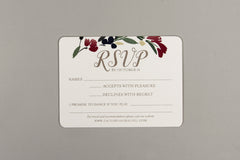 Floral Wreath Elegant Gold Script 5x7 Wedding Invitation with RSVP Postcard // Elegant Floral Script Fall Wedding Invite with Envelopes