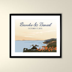 California Coast Pelican Point with Poppies 11x14 Vintage Poster - Wedding Poster personalized with Names and Date (frame not included)