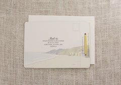 Beach Sunset 3pg Booklet Wedding Invitation with colorful Beach Huts with Tear-off RSVP Postcard and A7 Envelopes
