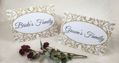 Elegant Gold Flourish Frame Tented Reserved Signs for Bride's and Groom's Family