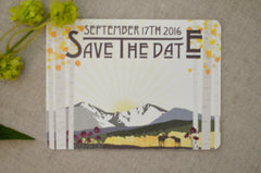 Colorado Mountain Landscape Invitation // Longs Peak Purple Poppy Birch Trees Invitation // Aspen Save The Date Postcard