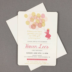 Little Princess Holding Balloons Pink and Gold First Birthday Party Invitation with Envelopes or DIY Printable 1st Birthday Invite