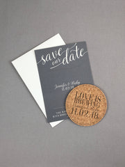 Love is Brewing Grey and White Cork Coaster Save the Dates with A7 Envelopes // Brewery Wedding Save the Date