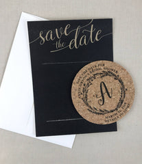Monogram Wreath Cork Coaster Bridal Shower Save the Date with A7 Envelopes