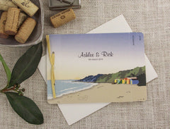 Beach Sunset 3pg Booklet Wedding Invitation with colorful Beach Huts with Tear-off RSVP Postcard and A7 Envelopes