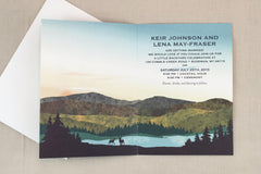 Appalachian Blue and Green Modeled Mountains at Sunset Greeting Card Wedding Invitations (A7 Broad fold) Mountain Wedding Invite