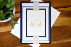 Gold Leaf Monogram Elegant Layered Strata Wedding Invitation with RSVP Notecard with Dusty Blue Colored Envelopes and Details Card - BP1