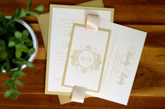 Gold flourish monogram Champagne Petallic Layered Strata Wedding Invitation w/ RSVP Postcard, Details Card & Metallic Gold Envelopes - BP1