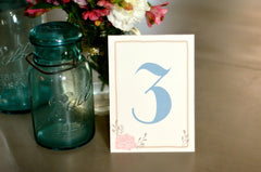 Blue and Pink Framed Rose Floral 5X7 Tented Wedding Table Numbers