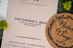 Blush and Navy Cork Coaster Save the Date with Wreath // Elegant Brush Script Save the Date // BP1