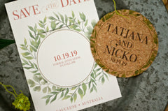 Romantic Modern Bohemian Greenery Wreath with Pink Script on Cork Coaster Save the Date and A7 Envelope