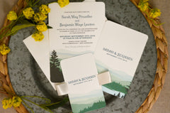 Green Appalachian Mountains and Lake Couple and Canoe Strata Layered Wedding Invitation w/ RSVP Postcard and Details Card  - BP1