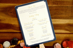 Classic Navy Blue and Gold Ivy Leaf with Circle Initial Wedding Program Fans // Wedding Ceremony Program