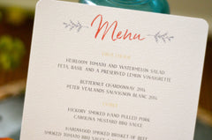 Blue and Orange Floral Classic Wedding Dinner Menu // 5x8 Wedding Dinner Menu // Reception Menu // Rehearsal Dinner Menu