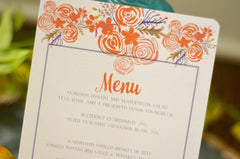 Vintage Orange and Blue Floral Bridal Shower Dinner Menu // 5x8 Wedding Rehearsal Dinner Menu // Reception Menu // Rehearsal Dinner Menu