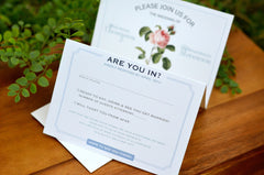 Vintage Floral Pink Rose with Blue Script Trifold Wedding Invitation with Postcard RSVP and Envelope