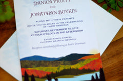 Fall Appalachian Mountains with Lake and Deer Landscape Layered Wedding Invitation w/ RSVP Postcard and Details Card