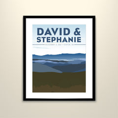 Shenandoah Mountains Virginia 11x14 Paper Travel Poster - Wedding Poster personalized with Names and date (frame not included)