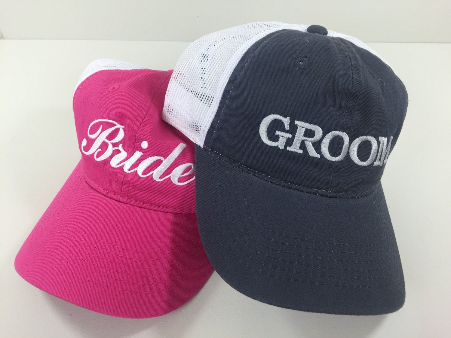 Bride hat and Groom hat matching set (set of 2) - Trucker Mesh Unstructured Hat