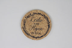 Cork Coaster Save the Date Navy Wreath and Gold Script with Photo and A7 Envelope