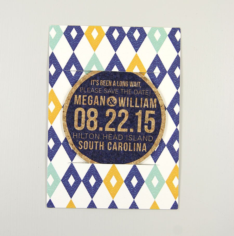 Cork Coaster Save the Date Modern Diamond Pattern and A7 Envelope