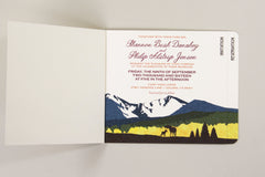 Rustic Longs Peak Colorado Mountain 3pg Livret Wedding Invitation Booklet with RSVP Postcard and Envelope //  Wedding Invitation Booklet