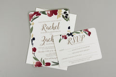 Floral Wreath Elegant Gold Script 5x7 Wedding Invitation with RSVP Postcard // Elegant Floral Script Fall Wedding Invite with Envelopes
