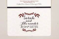 Romantic Burgundy Wreath 2pg Grande Livret Wedding Invitation Booklet with RSVP Postcard // Script Fall Wreath Wedding Invitation Booklet
