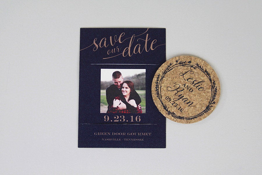 Cork Coaster Save the Date Navy Wreath and Gold Script with Photo and A7 Envelope