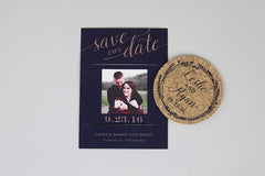 Navy Wreath and Gold Script with Photo Cork Coaster Save the Date and A7 Envelope