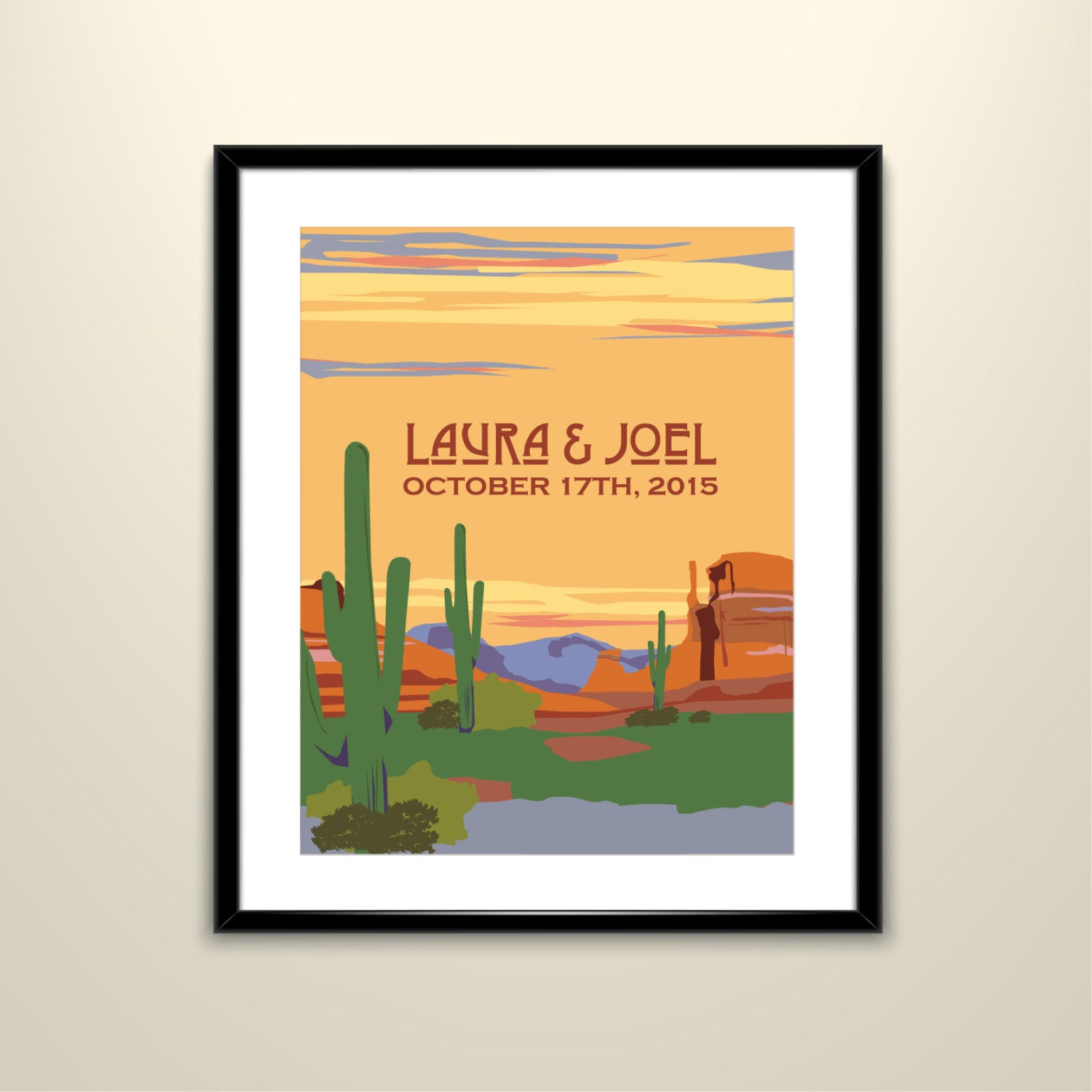 Vintage Arizona Desert Travel Poster - 11x14 Paper Poster - Wedding Poster personalized with Names and date (frame not included)