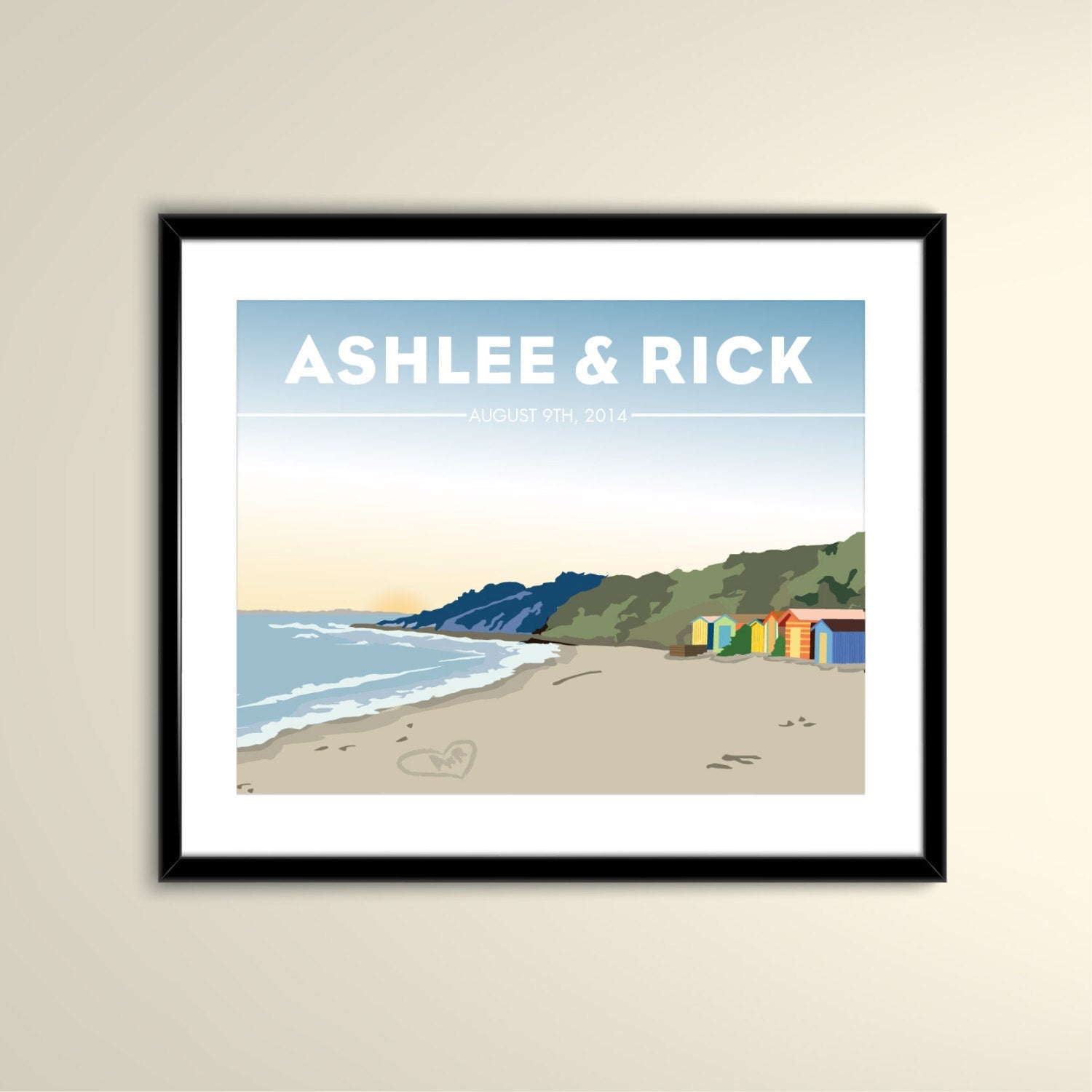 Australian Coast, beach huts, beach, Travel Poster, 11x14 Paper Wedding Poster - Personalized with Names and date (frame not included)