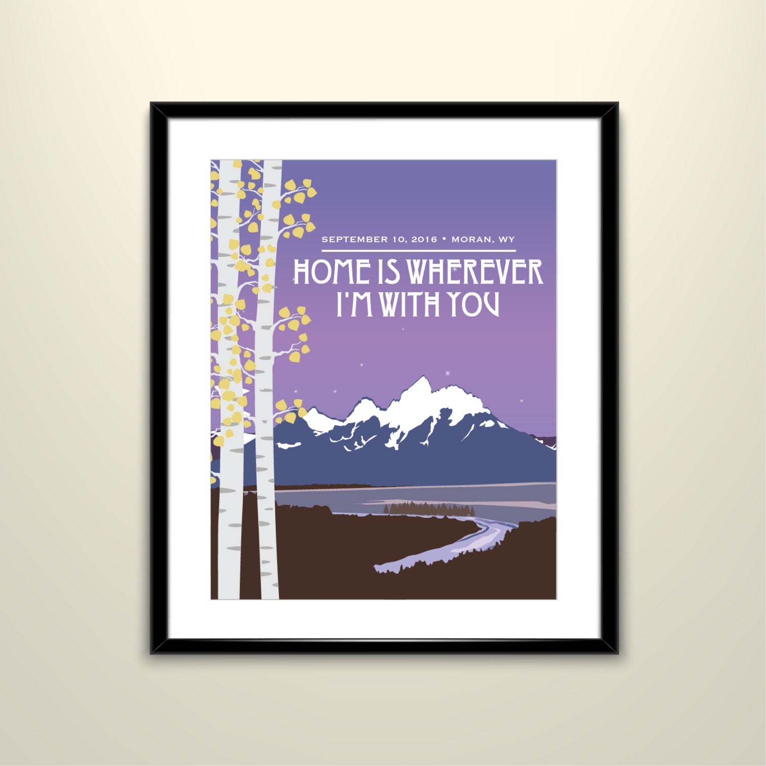 Grand Teton Purple Sunset Vintage Travel 11x14 Paper Poster - Wedding Poster personalized with Names and date (frame not included)
