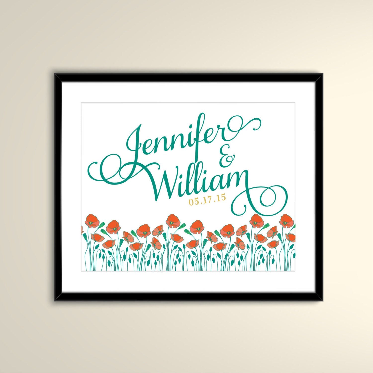 Vintage Poppies Emerald and Gold 11x14 Paper Poster - Wedding Poster personalized with Names and date (frame not included)