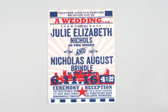 Rustic Hatch Inspired Southern Navy and Pink Wedding Invite with City Skyline // 5x7 Wedding Invitation with A7 Envelope