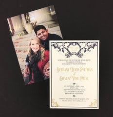 Elegant Flourish Navy and Gold Engagement Party Invitation / 5x7 2-sided Invitation with A7 Envelopes