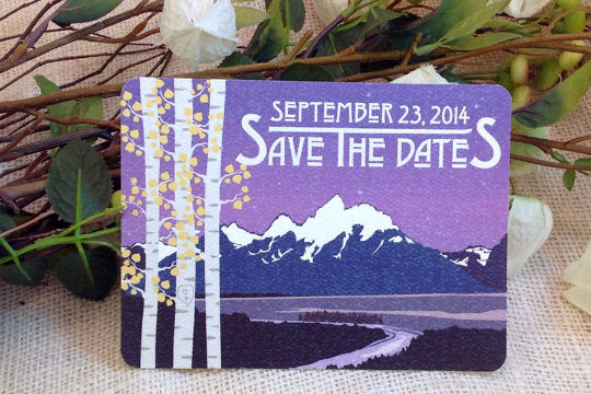 Grand Teton Mountain with Purple Sunset Save The Date Postcard / Vintage Mountain Wedding Save the Date