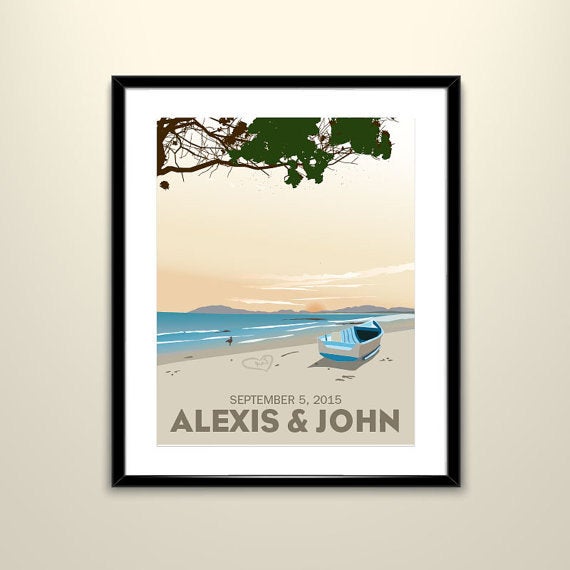 Costa Rica Beach Vintage Travel Poster - 11x14 Paper Poster - Wedding Poster personalized with Names and Date (frame not included)