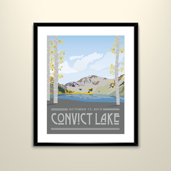 Convict Lake Vintage Travel Poster - 11x14 Paper Poster - Wedding Poster personalized with Names and date (frame not included)