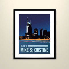 Nashville Skyline Vintage Travel 11x14 Paper Poster - Wedding Poster personalized with Names and date (frame not included)