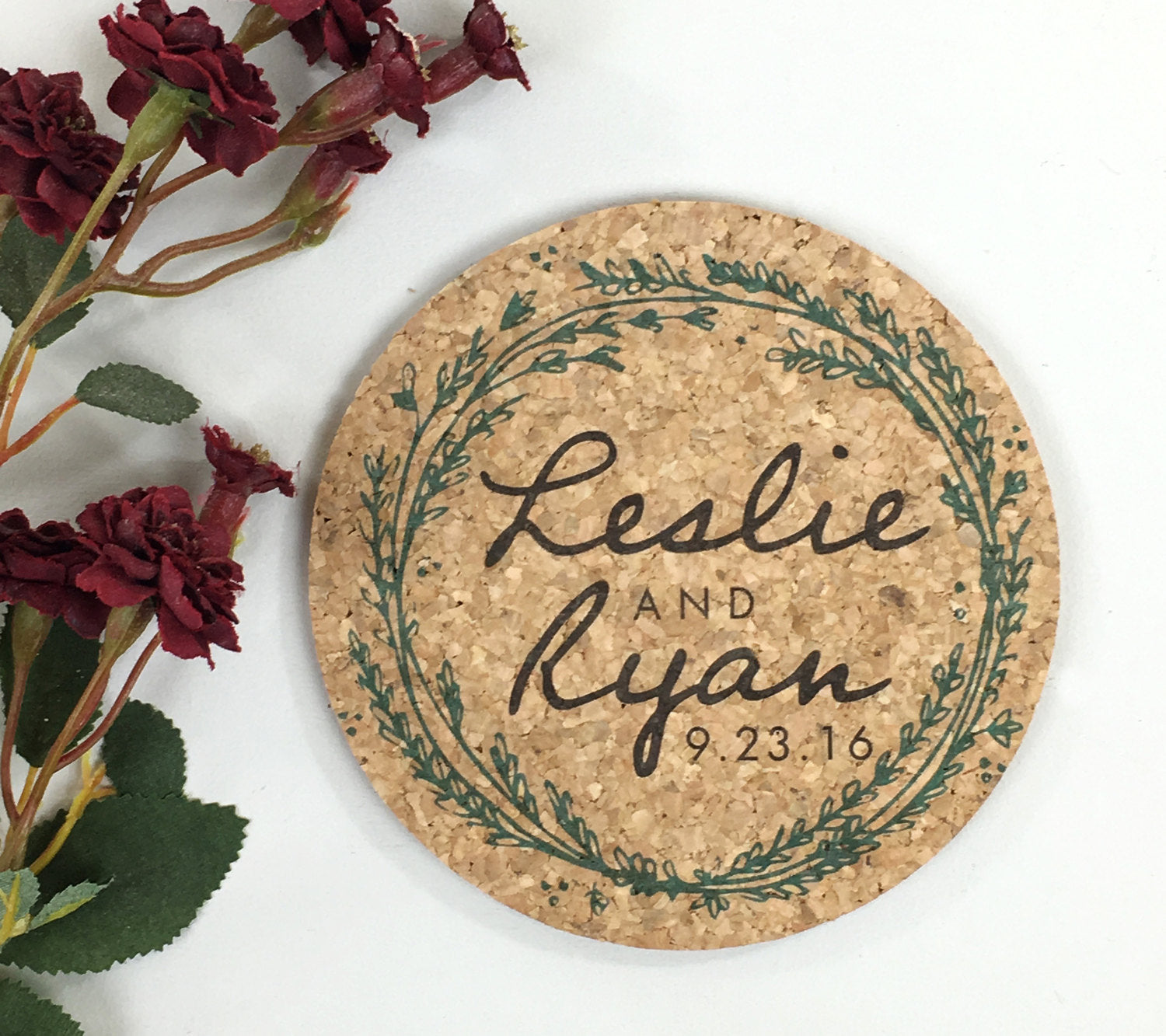 Wreath Cork Coaster Wedding Favor Greenery Personalized with Names and Wedding Date // Wedding Reception Cork Coaster Favor