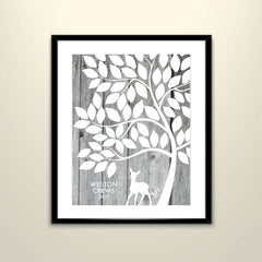 Tree with deer on barn wood paper poster 11x14 // Wedding Poster // personalized with Names and date (frame not included)-KW1