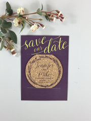 Purple Wreath and Green Script Cork Coaster Save the Date with Photo  and A7 Envelope