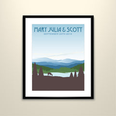 Blue Appalachian Rolling Hills 11x14 Vintage Travel Poster Personalize with Names and Date (frame not included)
