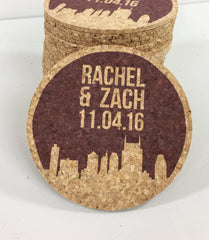 Nashville Skyline Wedding Cork Coaster Favors Personalized with Names and Wedding Date // Wedding Reception Cork Coaster Favor