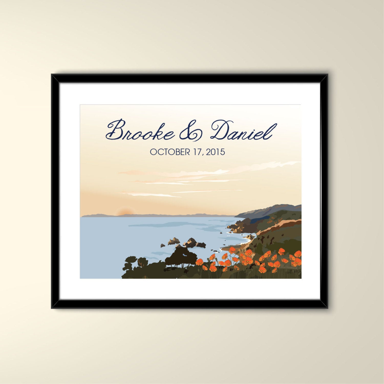 California Coast Pelican Point with Poppies 11x14 Vintage Poster-Wedding Poster personalized with Names and date (frame not included)