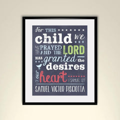 1 Samuel 1:27 For This Child We Have Prayed 11 x 14 Bible Verse Navy Poster (Frame Not Included)