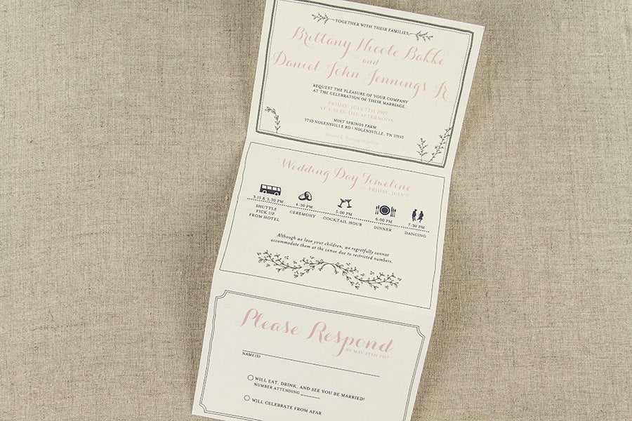 Elegant Blush Pink Greenery Trifold Wedding Invitation with Tear off RSVP postcard with Envelope-Unique Wedding Invitation-KW1