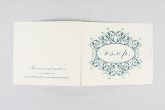 Flourish Emblem Monogram or Initials Wedding Invitation Booklet Livret with tear off RSVP postcard