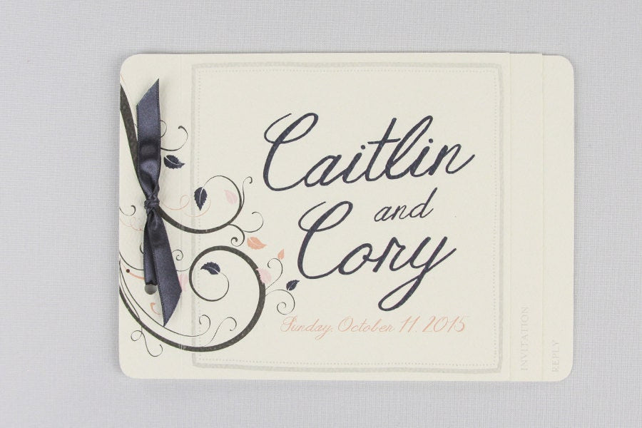 Whimsical Branch and Leaf Navy and Blush Wedding Invitation Booklet Livret with tear off RSVP postcard